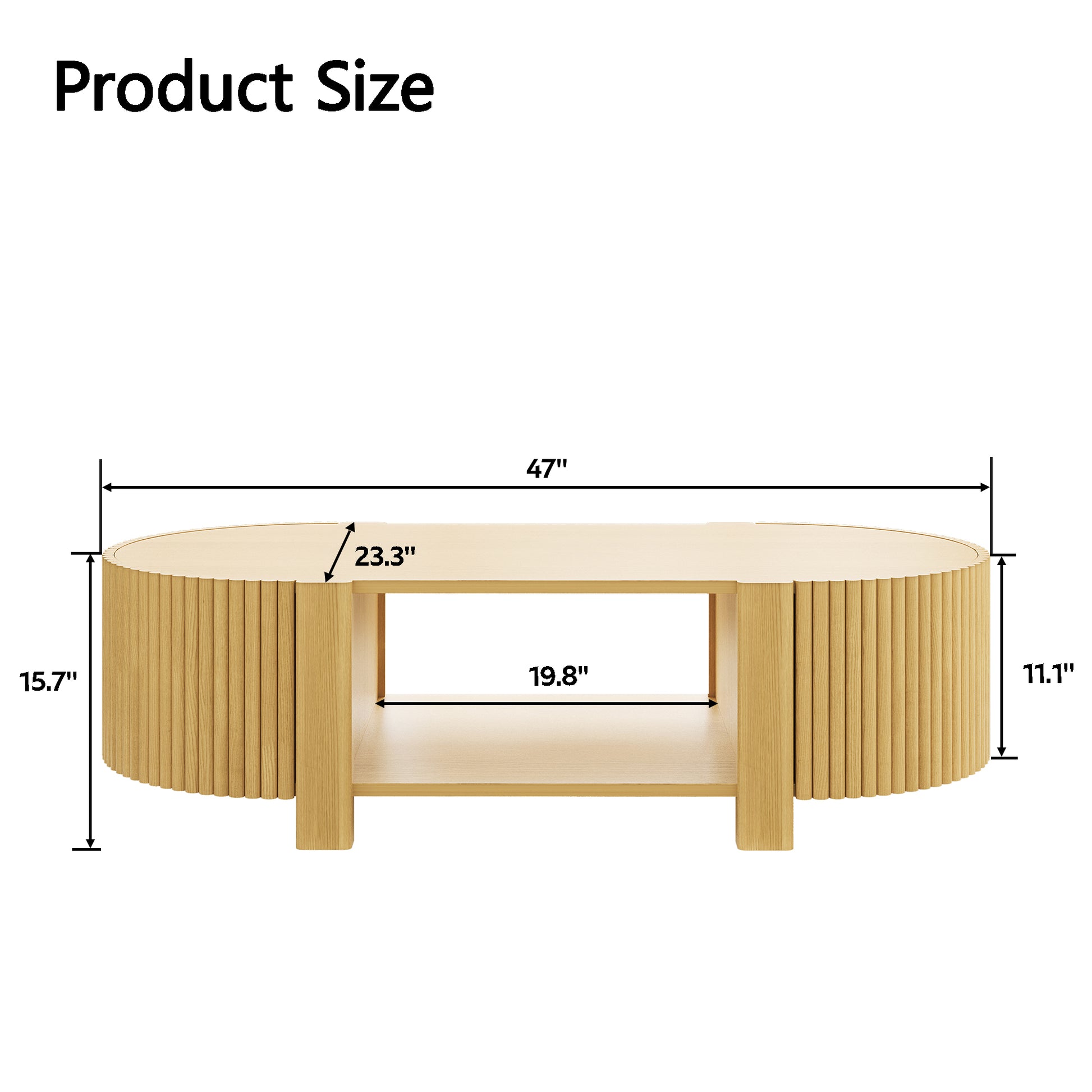 Oval Fluted Coffee Table with Storage for Living Room, Rubber Solid Wood, 1 shelf & 2 Open Storage Doors, Natural, 47" image 11