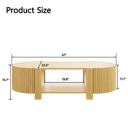 Oval Fluted Coffee Table with Storage for Living Room, Rubber Solid Wood, 1 shelf & 2 Open Storage Doors, Natural, 47" image 11
