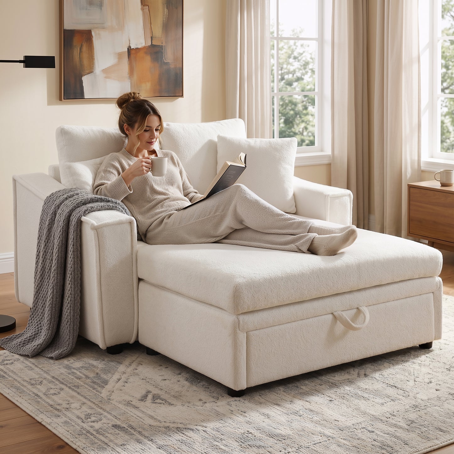 Modern Chaise Sofa 53.5" Sofa Couch Sofa Bed Sleeper Sofa with Pillows and Hidden Storage Space for Living Room, Bedroom, Beige image 1