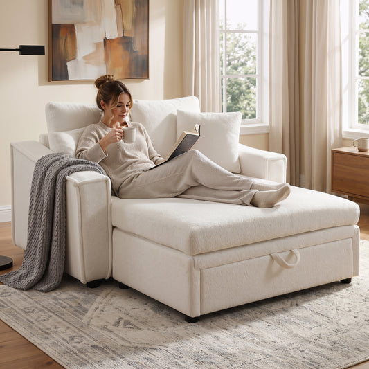 Modern Chaise Sofa 53.5" Sofa Couch Sofa Bed Sleeper Sofa with Pillows and Hidden Storage Space for Living Room, Bedroom, Beige image 1