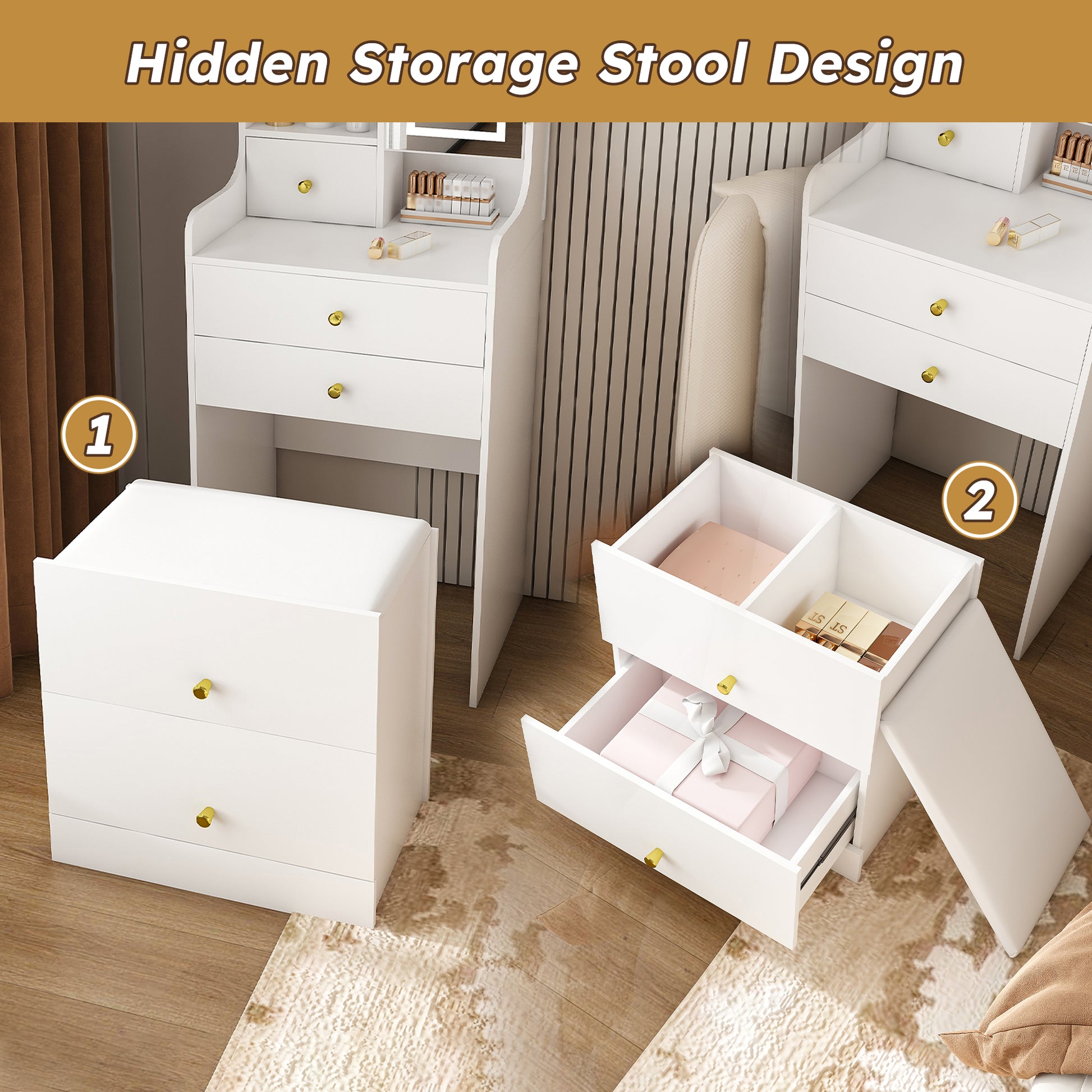 3-in-1 Dressing Table with LED Mirror & Storage Stool - Compact Makeup Vanity with 4 Drawers, Storage Cabinet & Hidden Stool, White Density Board Design, Open Bookshelf for Bedroom Organization image 10