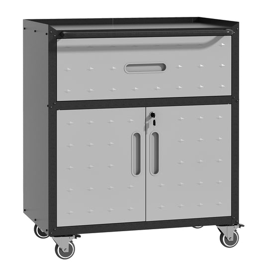 Sturdy and Durable Metal Tool Cabinet for Garage with Wheels - Mobile Heavy-Duty Storage Cabinet with 1 Drawer and 2 Locking Doors, Rolling Tool Storage Cabinet, Black and Gray image 1