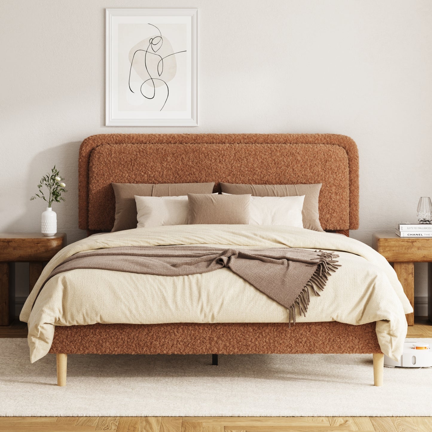 Queen Bed frame, Plush Upholstered Platform Bed with Height-Adjustable Headboard, Sturdy Frame and Alats, Quiet Design, No-Spring Mattress Compatible, Easy to Assemble, Brown image 1