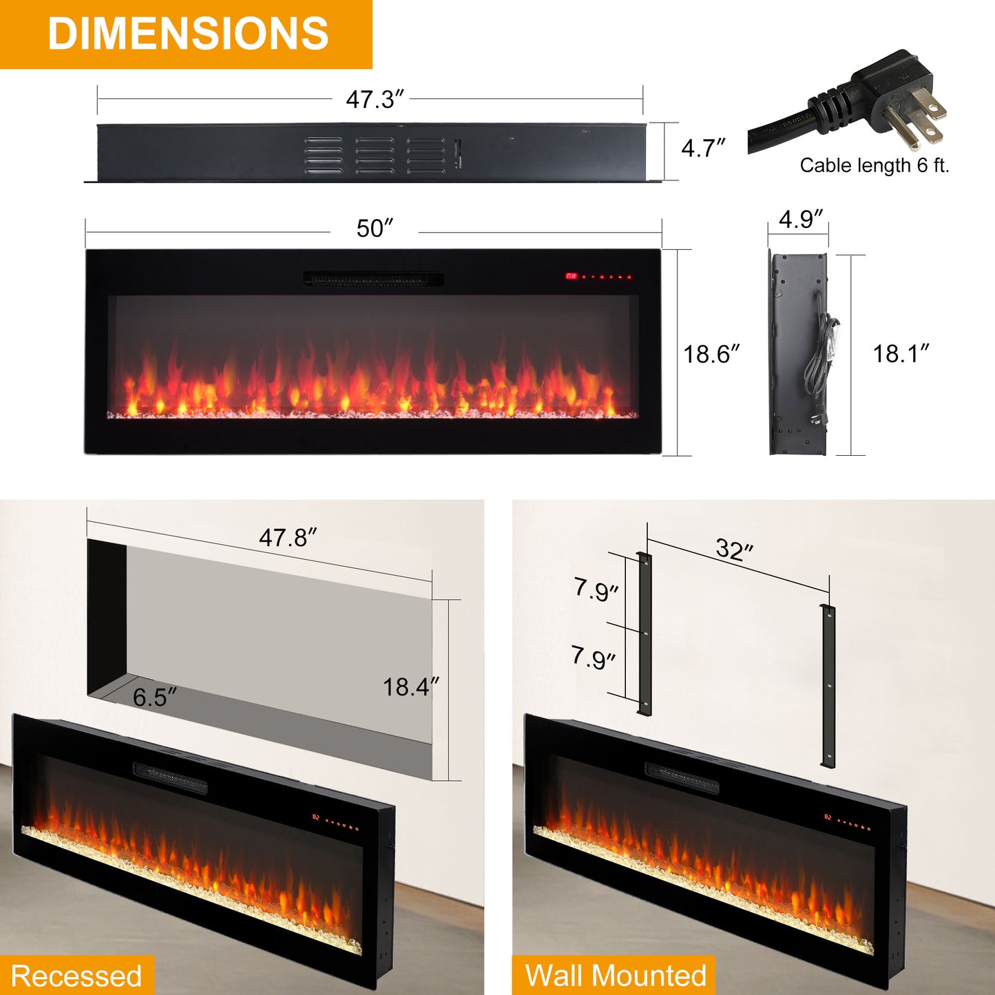 Smart 50" WiFi-Enabled Electric Fireplace Heater, Recessed in-Wall and Wall-Mounted image 2
