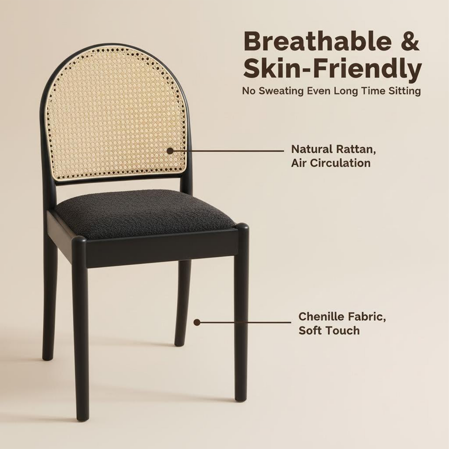 Rattan Dining Chairs Set of 2, Upholstered Linen Dining Room Chairs with Backrests, Modern Kitchen Chairs with Wood Legs for Dining Room, Black image 10