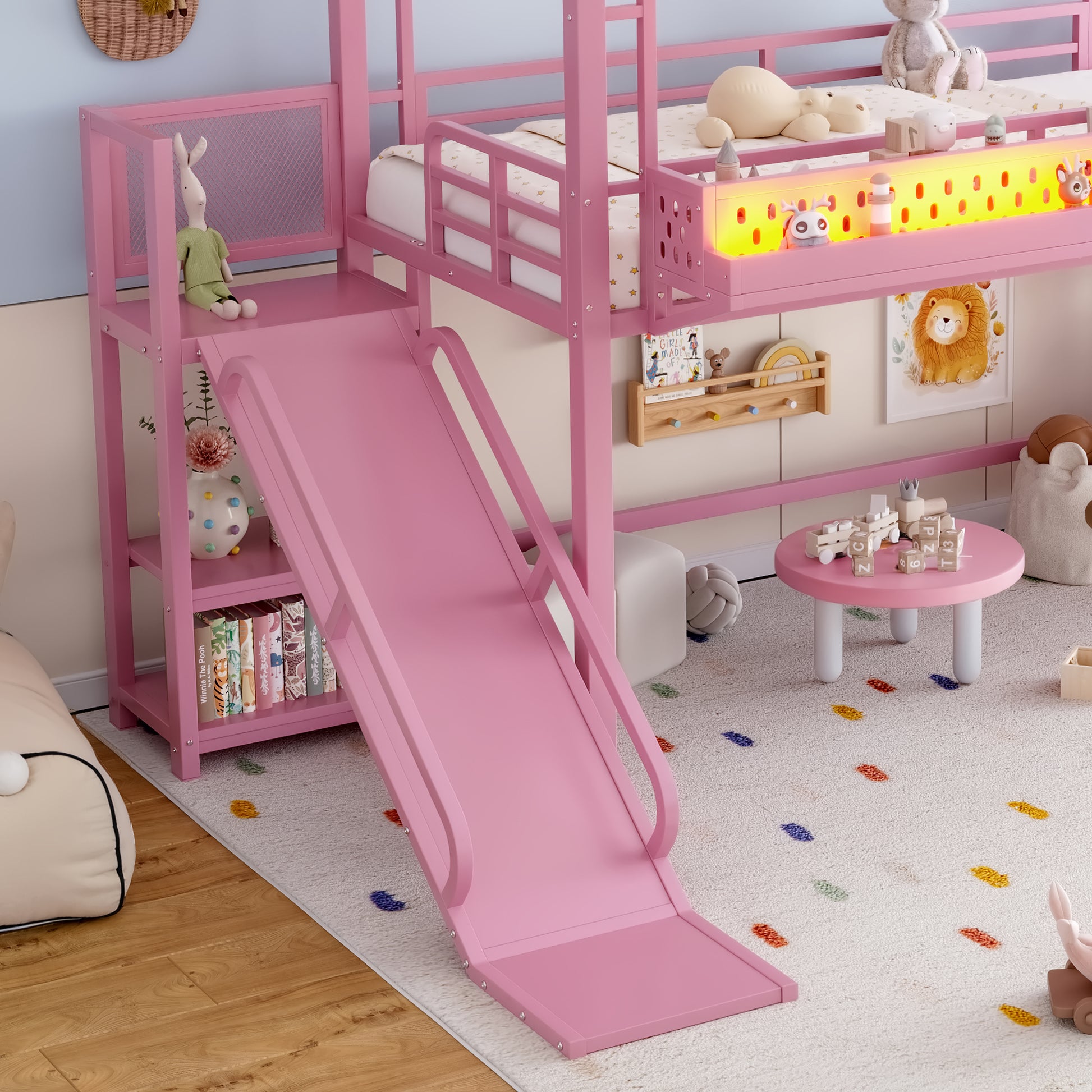 Twin Size Loft Bed with Storage Stairs, Shelves and Built-in Wardrobe, Metal Loft Bed Frame with USB Ports and LED Lights, Noise-reduced Design, Pink image 8