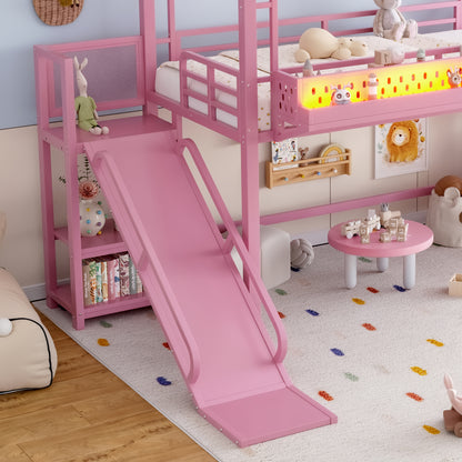 Twin Size Loft Bed with Storage Stairs, Shelves and Built-in Wardrobe, Metal Loft Bed Frame with USB Ports and LED Lights, Noise-reduced Design, Pink image 8