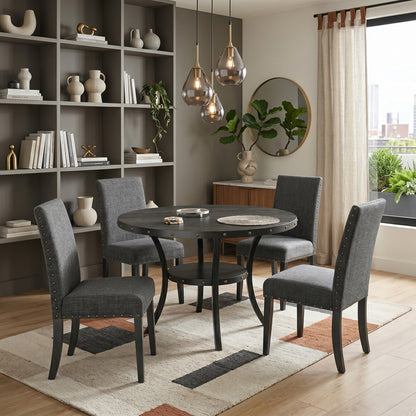 Biony Espresso Wood Dining Set with Gray Fabric Nailhead Chairs image 2
