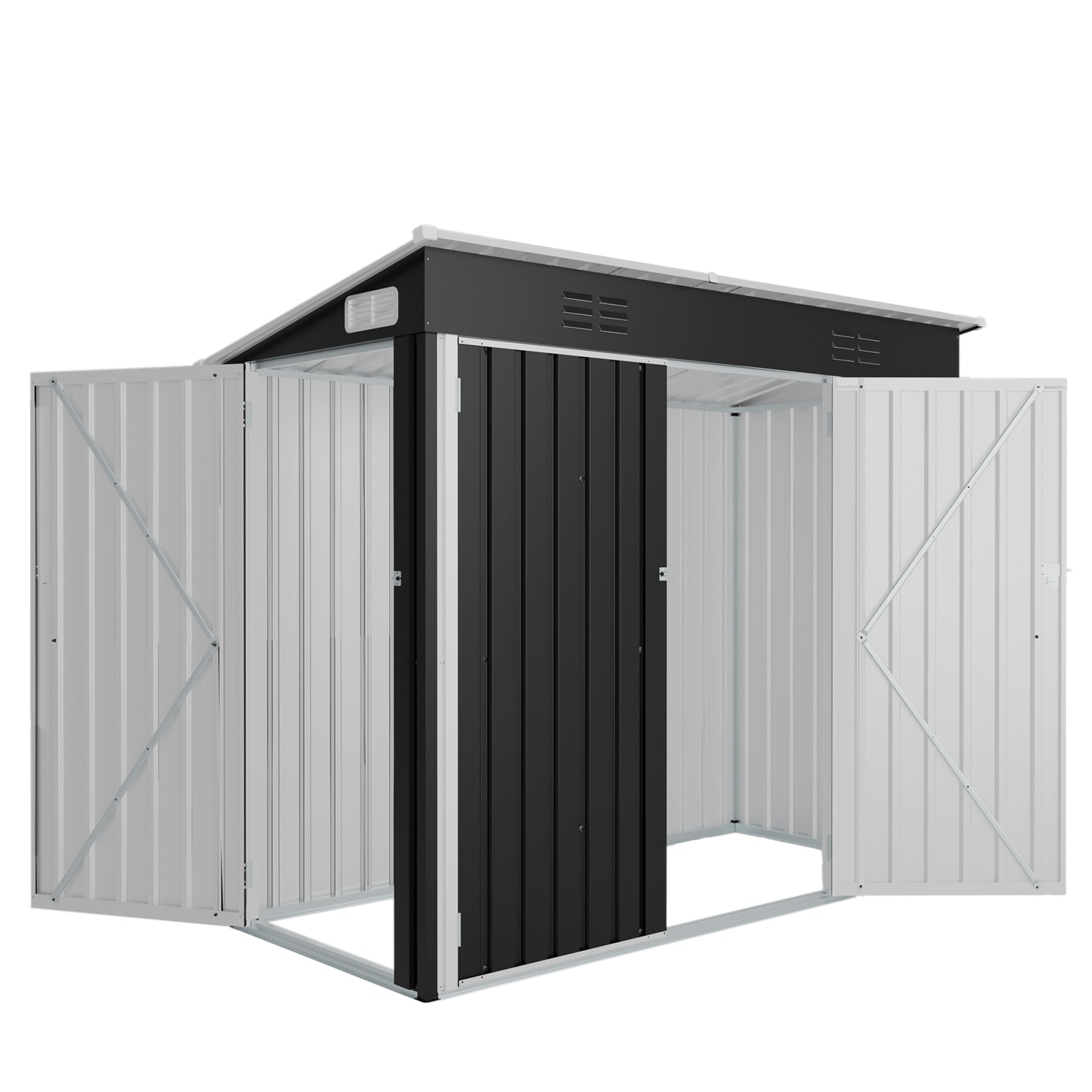 4 x 8 FT Galvanized Steel Outdoor Storage Shed with 3 Access Doors, Ventilated Weatherproof Metal Utility Shed for Garden Tools, Bikes & Patio Equipment,Black(3.58*7.41 ft) image 11