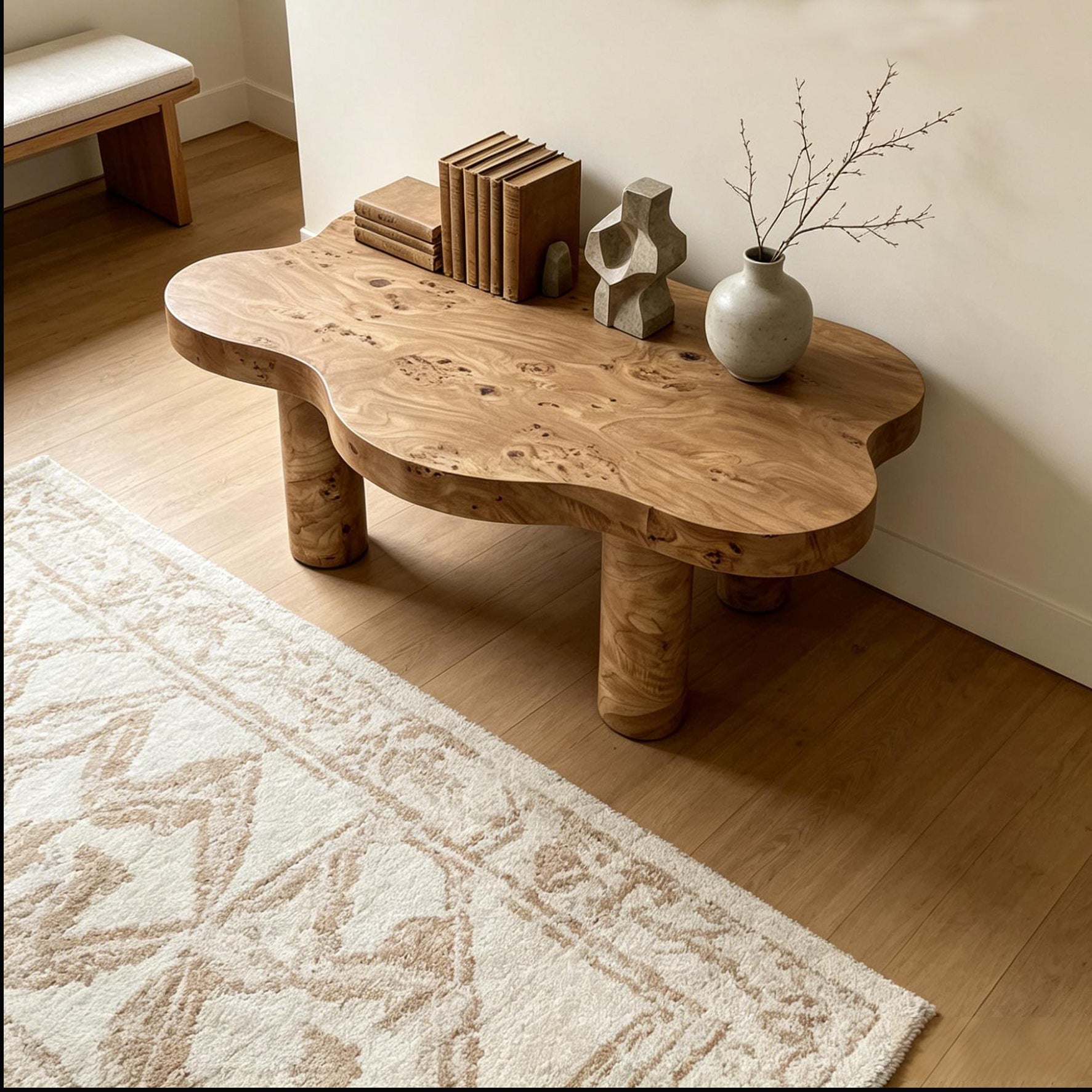 40'' Burl Cloud Coffee Table with 4 Round Legs, Low Profile Modern Coffee Table, Unique Irregular Center Table for Living Room, Apartment, Natural Color image 3