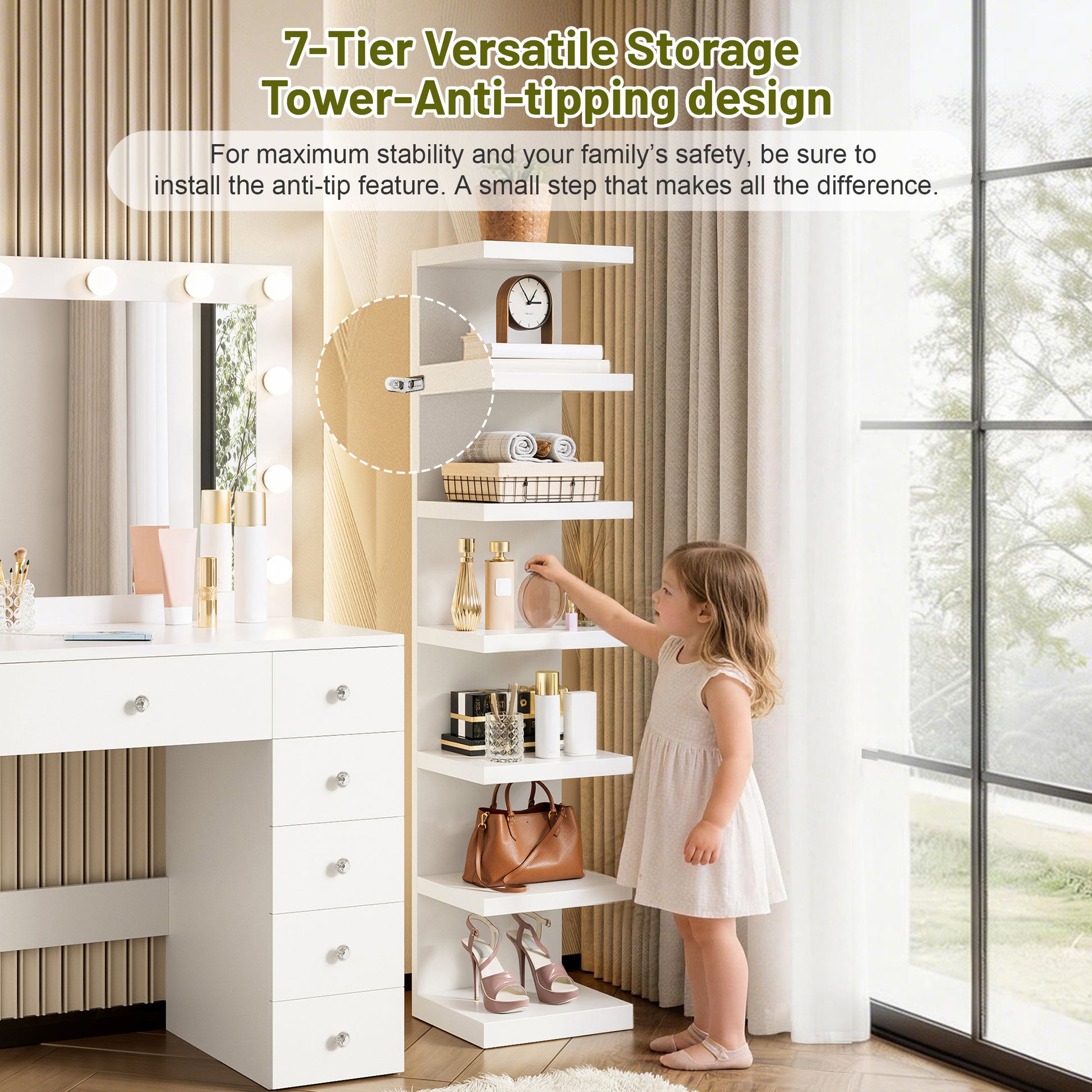 Vanity Desk with 11 Hollywood Bulbs & 7-Tier Storage Shelves, Makeup Vanity Desk with Power Outlet and 11 Drawers, 3 Color Lighting Modes, Dressing Table with Display Shelf Crystal Handles,White image 5