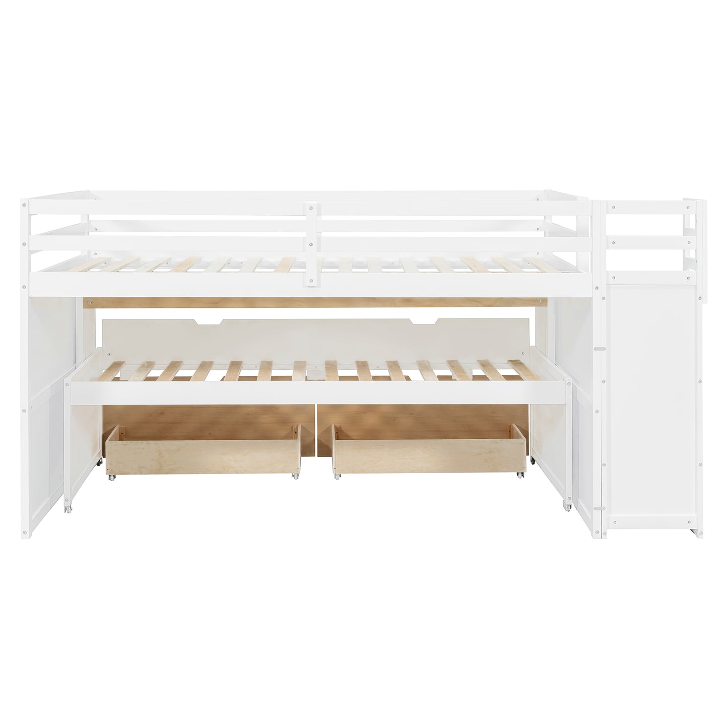 Full XL Loft Bed with Pull-Out Desk and Twin Trundle, Multi-Functional Bunk Bed with 2 Storage Drawers and Storage Steps, Space-Saving Gaming & Workstation Bedframe, White+Wood Color image 8