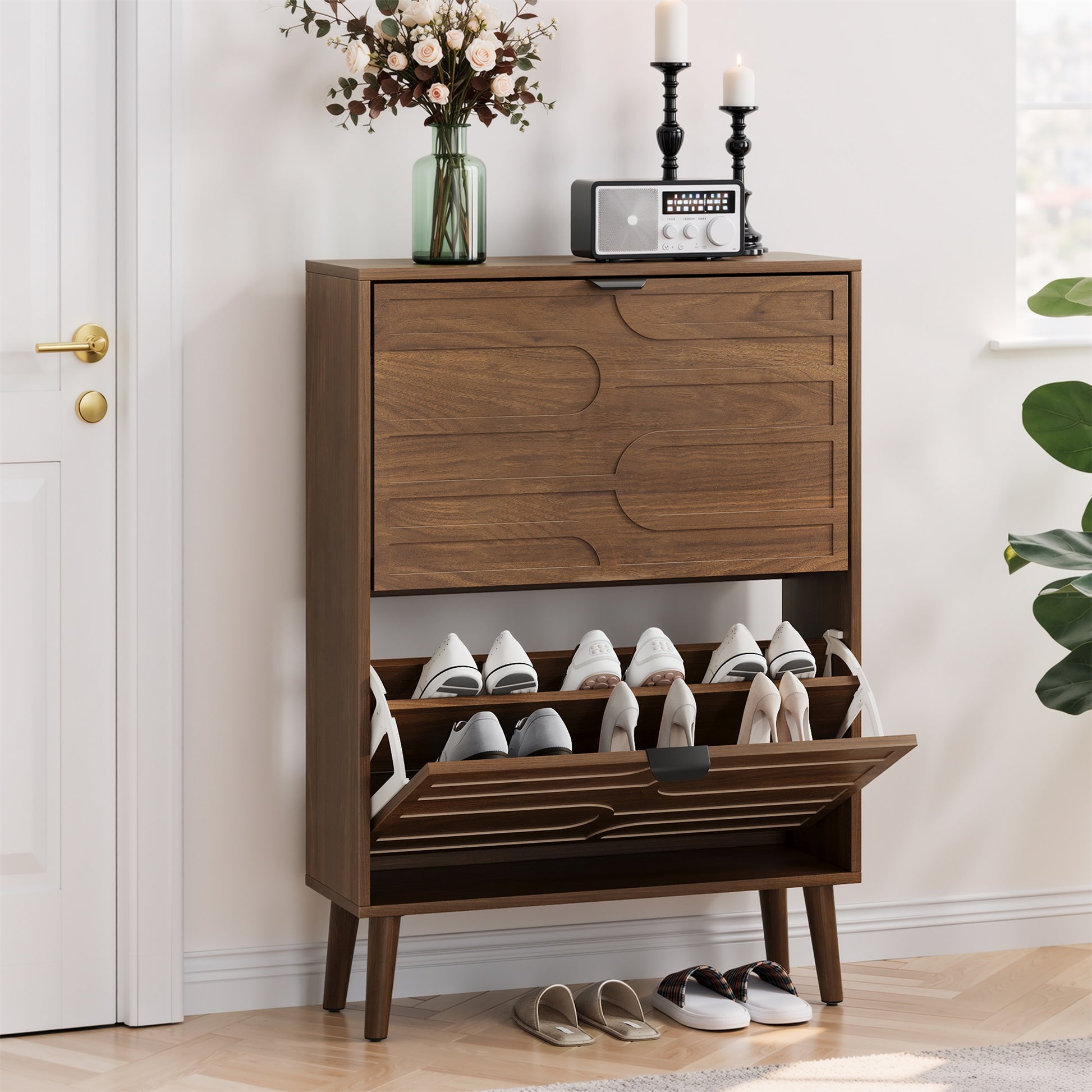 Medieval Modern Independent Shoe Cabinet, 23.62-inch Walnut Shoe Storage Cabinet, Fence Shoe Cabinet with 2 Flip Drawers, Suitable For Corridors And Entrances image 8