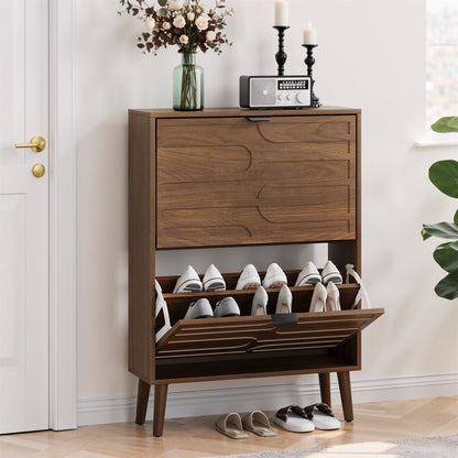 Medieval Modern Independent Shoe Cabinet, 23.62-inch Walnut Shoe Storage Cabinet, Fence Shoe Cabinet with 2 Flip Drawers, Suitable For Corridors And Entrances image 8
