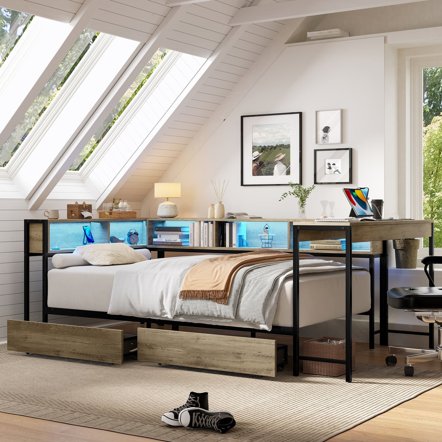 Corner Bed Frame Twin Size with Bookcase and 2 Underbed Storage Drawers, Modern Twin Bed with LED Light and Charging Station, Grey image 6