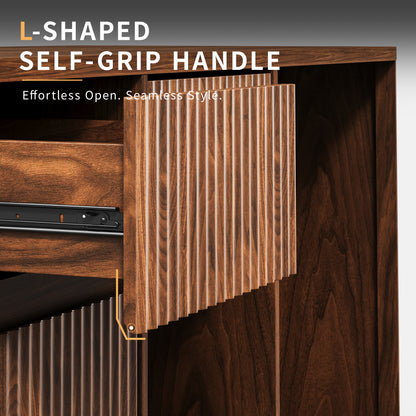 53.2"Fluted Buffet Wine Cabinet with Mini Fridge Nook(Fridge Not Included), Charging Station&Adjustable Shelves, Sideboard Storage Cabinet for Kitchen Living Room,Walnut image 6