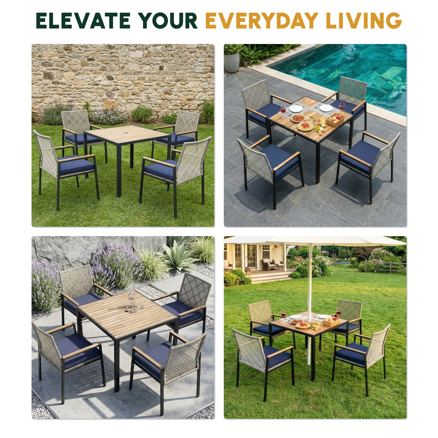 All Weather 5-Piece Patio Dining Table Sets, Patio Conversation Set Acacia Wood Table Top with Umbrella Hole, Rattan Outdoor, Light Gray Color image 8