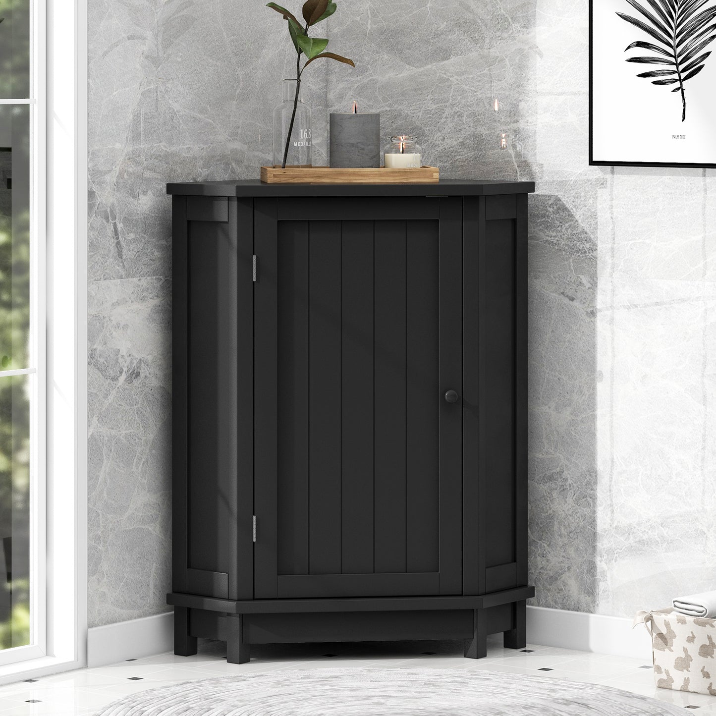 Black Bathroom Cabinet Triangle Corner Storage Cabinet with Adjustable Shelf Modern Style MDF Board(Old SKU:N725P172615B) image 1