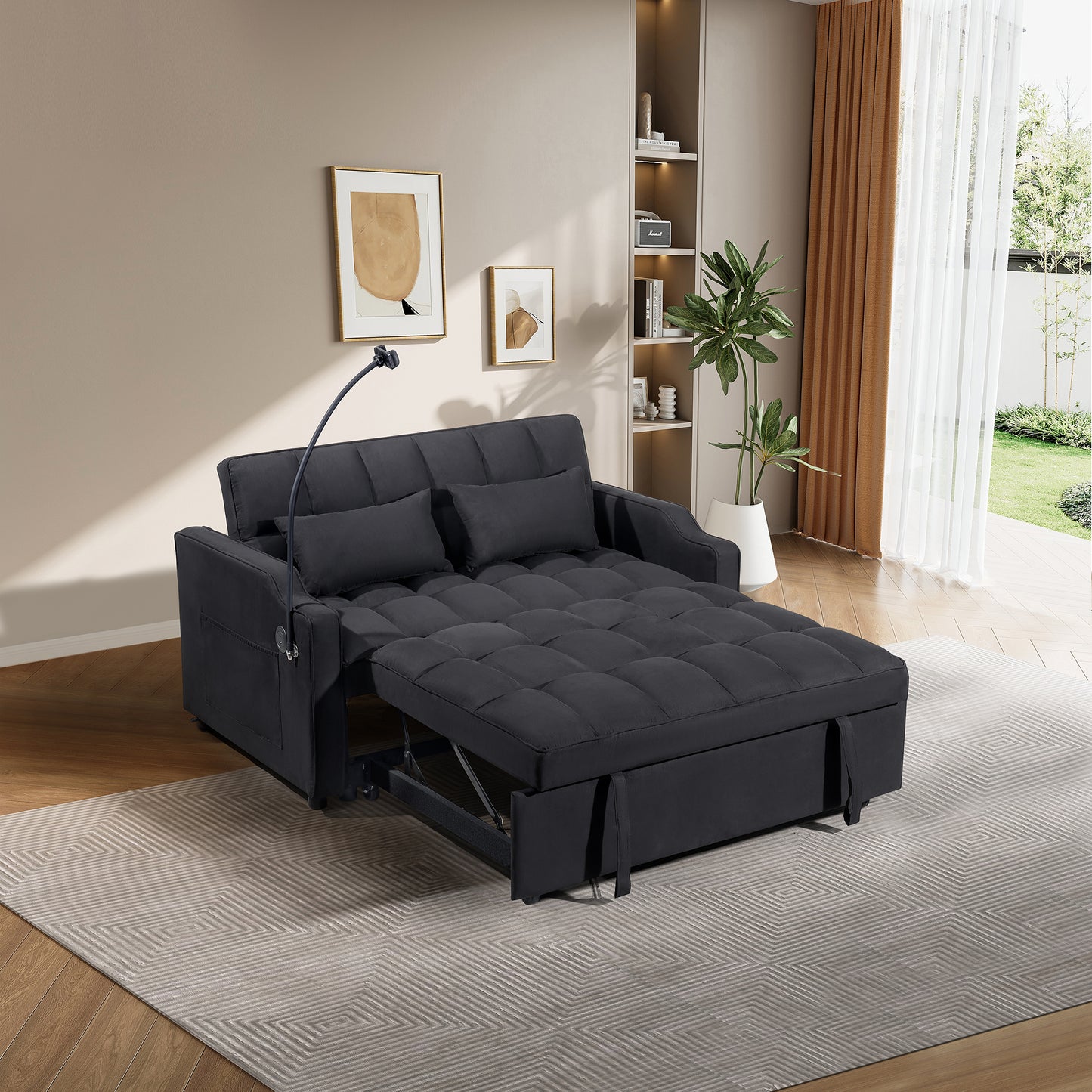 1 multifunctional foldable sofa bed with 3 different lengths, modern sofa, upgraded suede fabric, adjustable backrest, Black color with USB port and rotating telephone stand image 4
