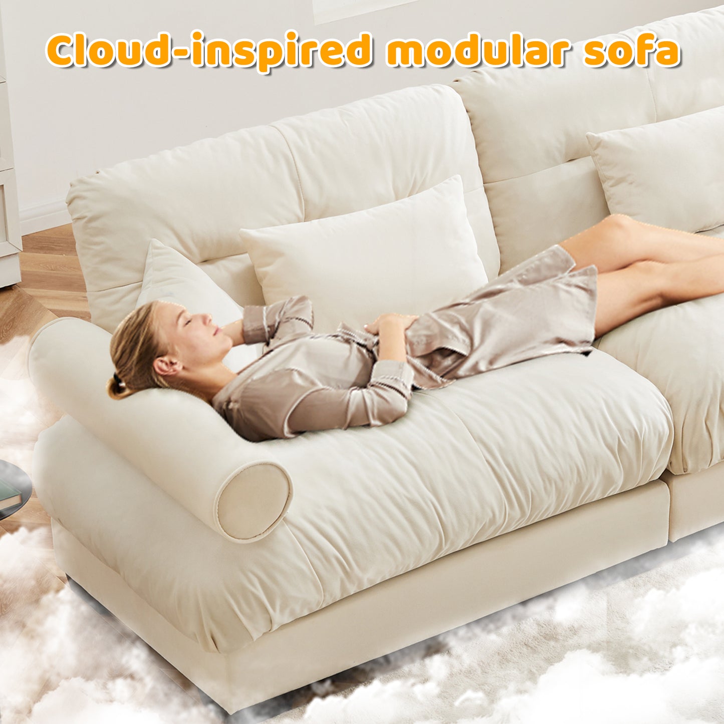 Super Comfort Oversized Modular Velvet Sectional Sofa Couch with Movable Ottoman,Corner Sectional with Bolstered Armrests, Deep Seat Cloud Couch, Convertible L Shaped Couch for Living Room Cream image 6