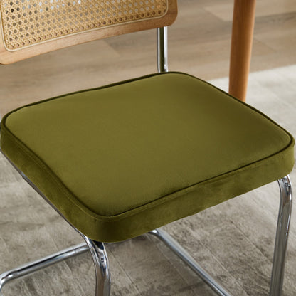 Mid Century Modern Dining Chairs Set of 2, Velvet Accent Chairs with Natural Cane Back & Stainless Chrome Base, Famous Breuer Designed Chairs, Upholstered Rattan Kitchen Chairs,Olive-Green image 10
