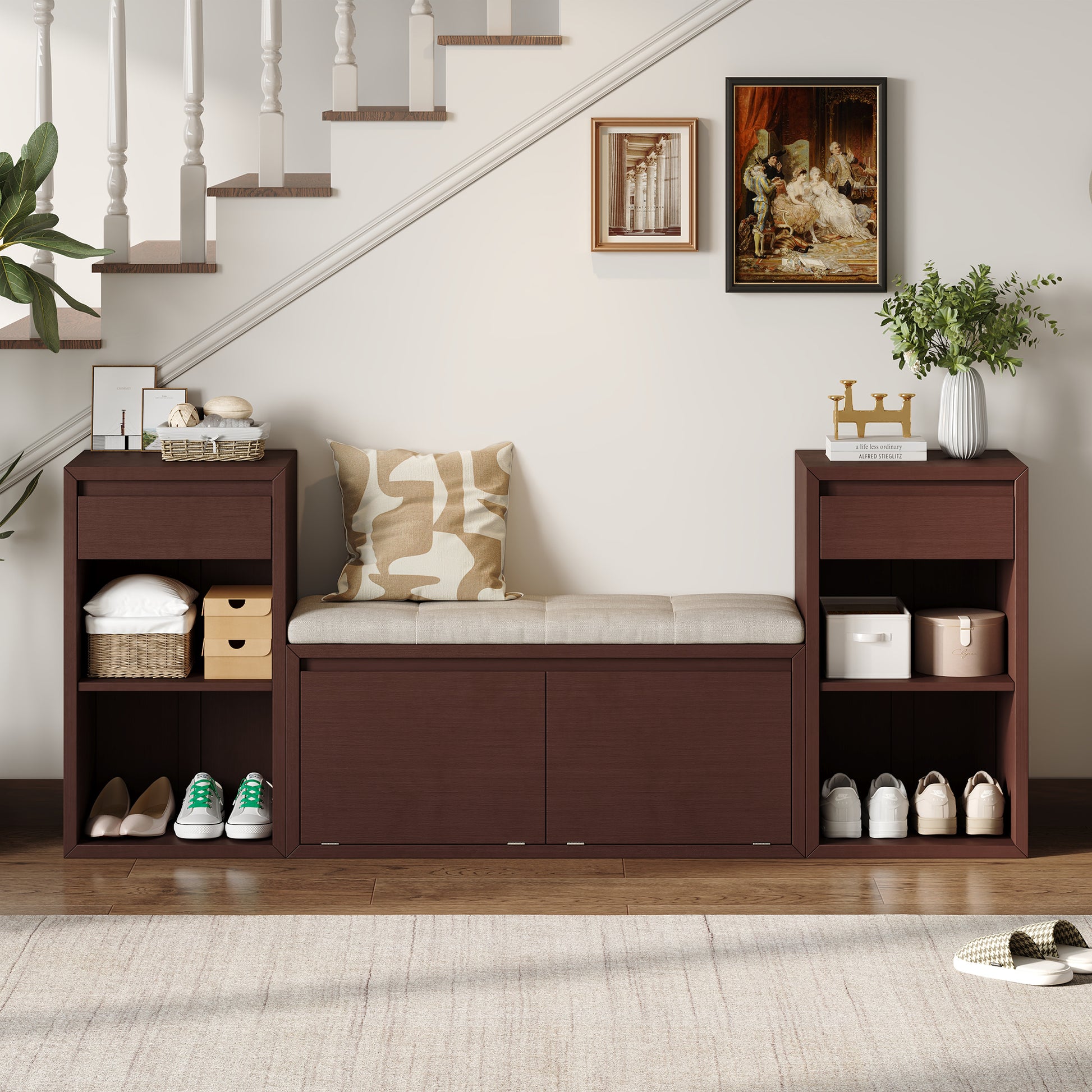 TREXM All-in-One Entryway Storage Bench with Cushion, Compartments, Drawers & Open Shelves, Storage Bench for Hallway, Mudroom, Living Room(Espresso) image 1