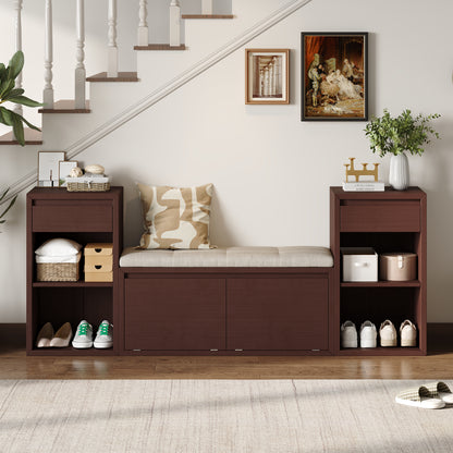 TREXM All-in-One Entryway Storage Bench with Cushion, Compartments, Drawers & Open Shelves, Storage Bench for Hallway, Mudroom, Living Room(Espresso) image 1