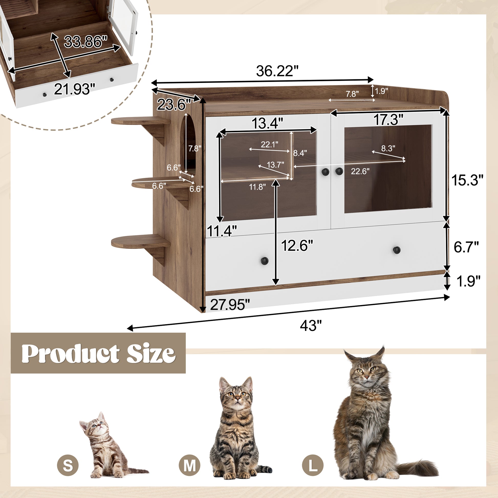 Cat Litter Box Enclosure, Hidden Cat Litter Box Furniture with Drawer and Stairs, Wooden Cat House Washroom for Bedroom,Cat Cabinet Side Table for Living Room, Brown and White image 8