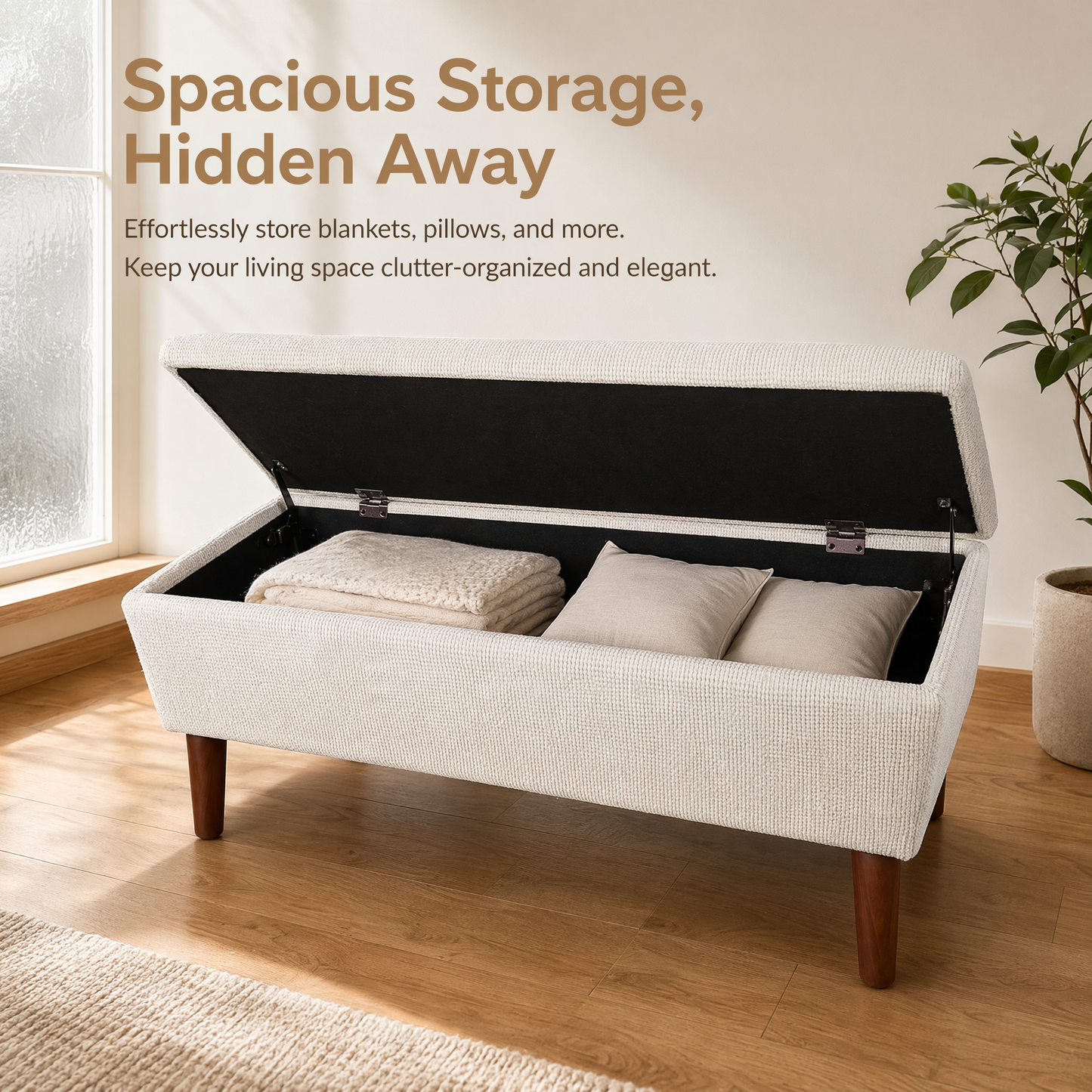 42" Rectangular Linen Ottoman Bench, Modern Low Footrest Stool with Solid Wood Tapered Legs, Multi-Use Entryway Shoe Bench & End of Bed Bench for Living Room/Bedroom image 5