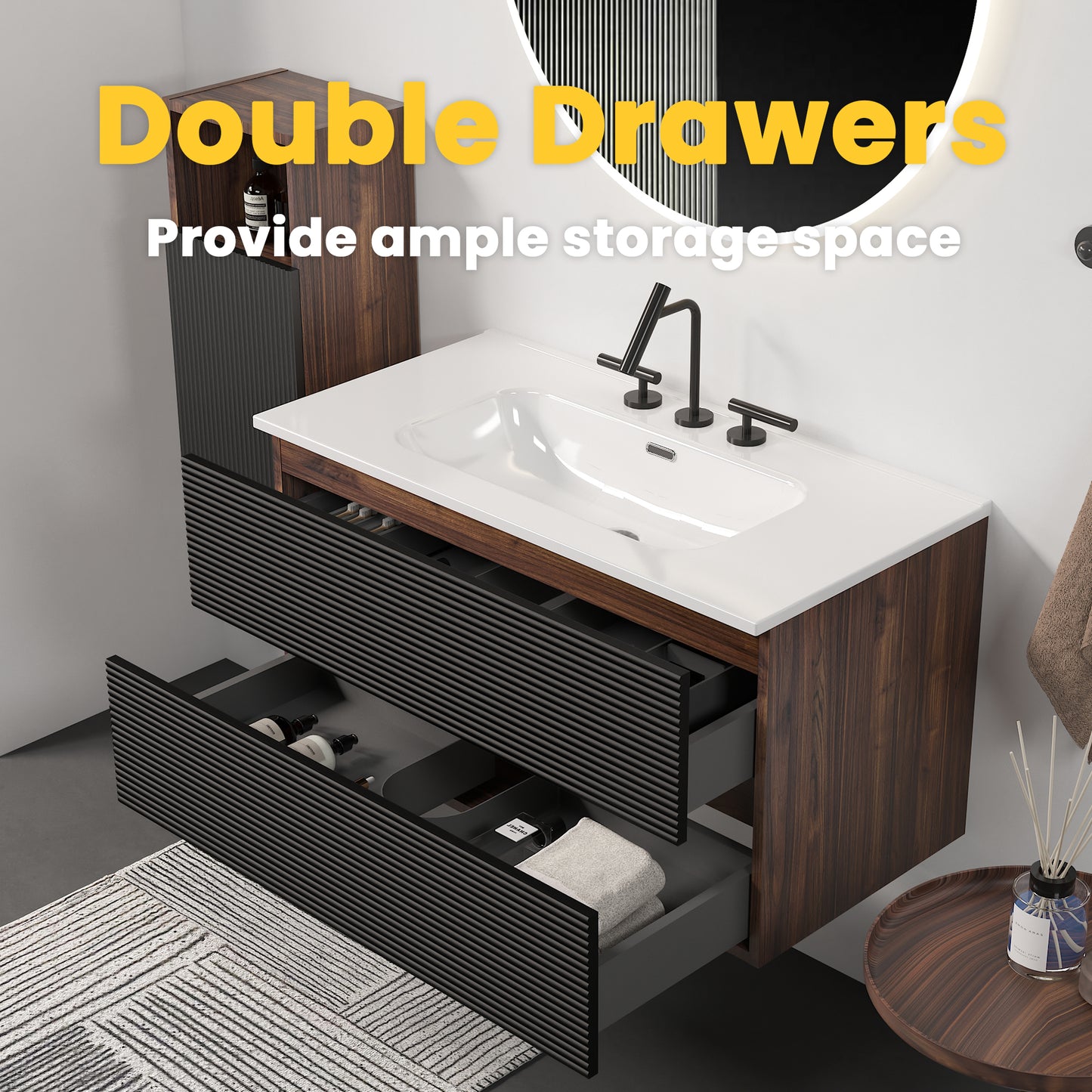 Gloria 36" Wall Mounted Soft Black & Walnut Bathroom Vanity with Integrated Ceramic Sink with 3 holes, with Overflow, Large Storage Floating Bathroom Vanity for Modern Bathroom, KD image 5