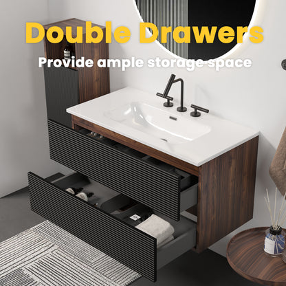 Gloria 36" Wall Mounted Soft Black & Walnut Bathroom Vanity with Integrated Ceramic Sink with 3 holes, with Overflow, Large Storage Floating Bathroom Vanity for Modern Bathroom, KD image 5