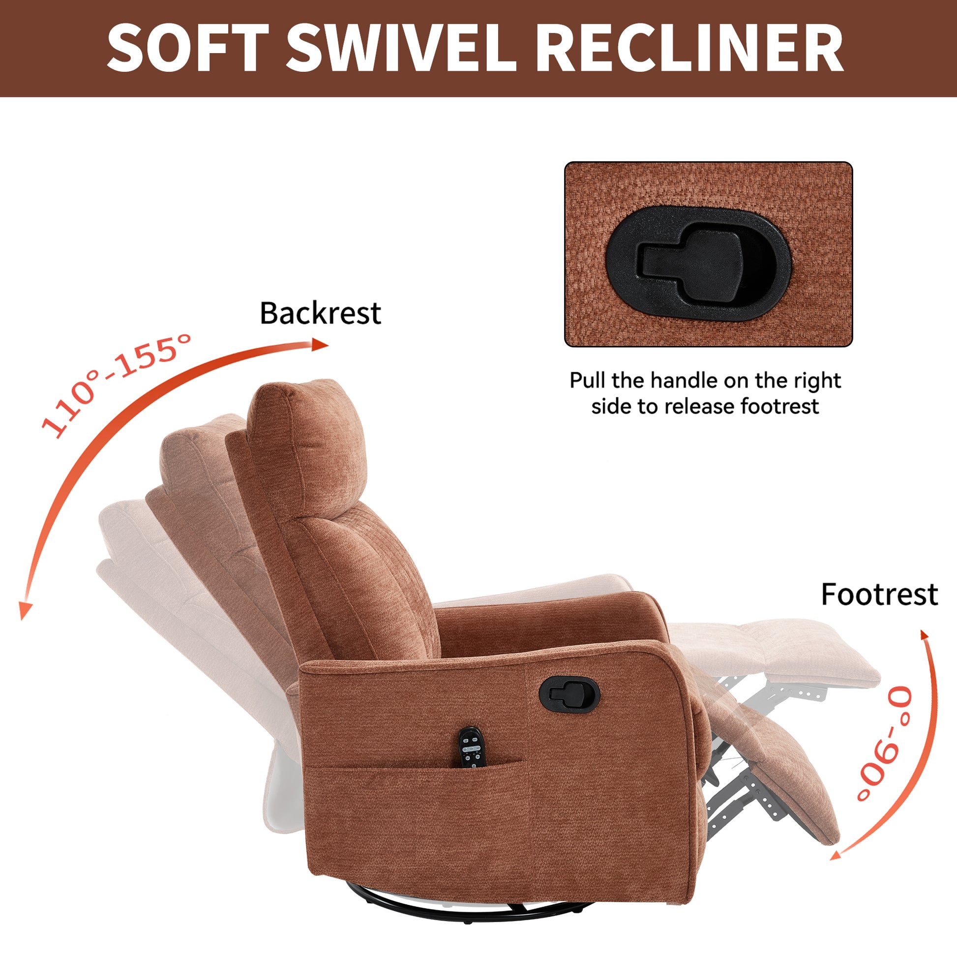 Orange Heat Massage Manual Recliner Chair with Rocker and Swivel in Fabric for Living Room image 7