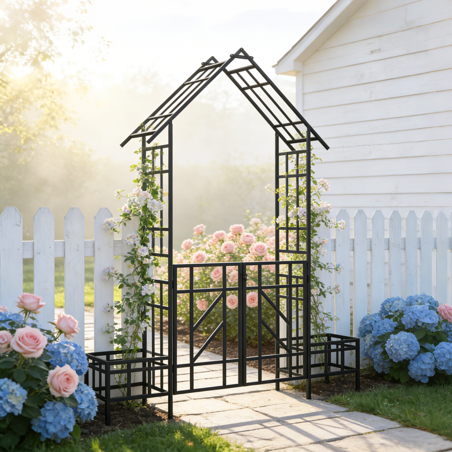 Metal Garden Arch with Gate with planter W80.71*H97.24 Climbing Plants Support Rose Arch Outdoor Black image 5