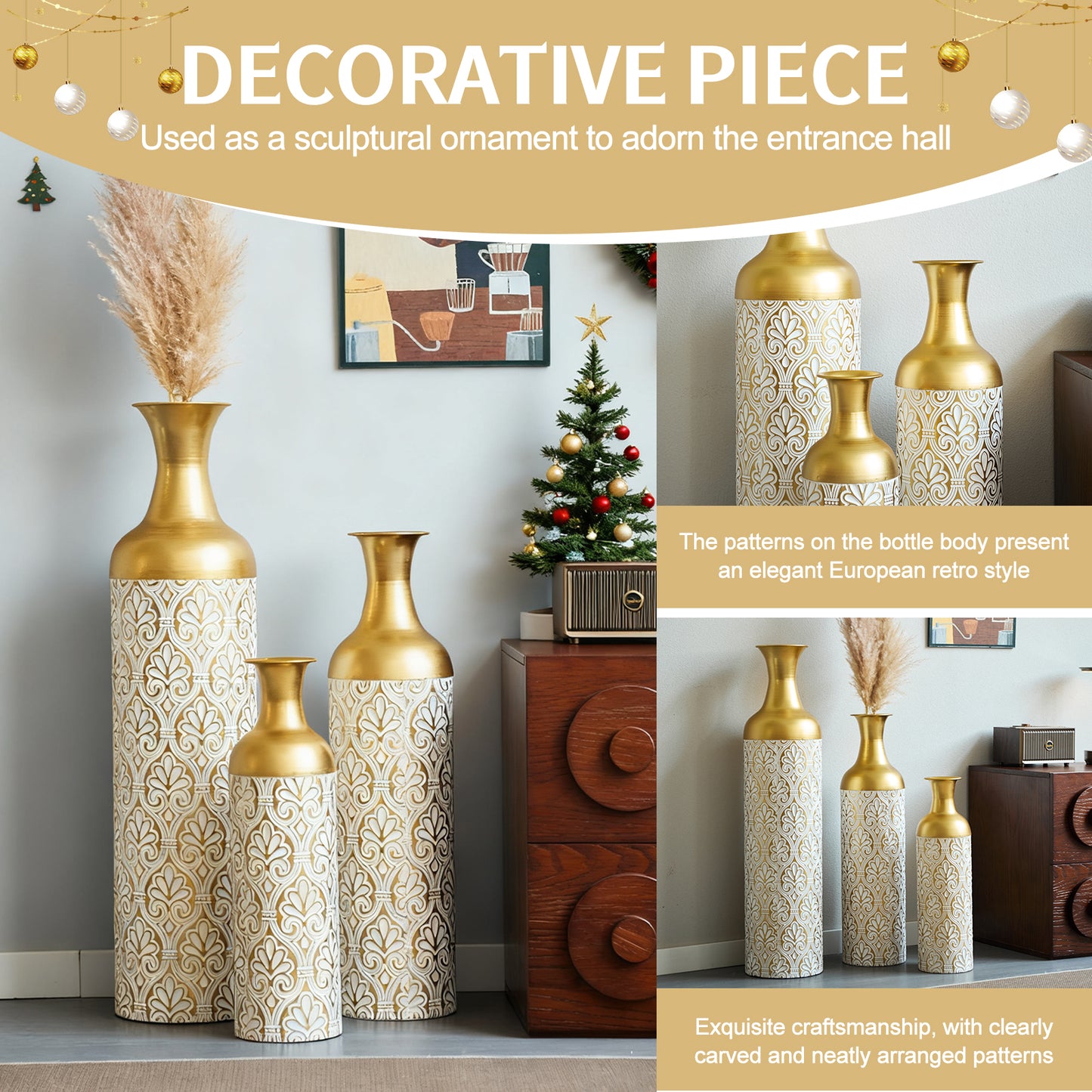 Gold White Metal Vase Set of 3, Tall Decorative Cylinder Flower Vases with Embossed Pattern, Modern Luxury Table Centerpiece for Living Room Home Decor, Shelf Mantel Fireplace Ornaments image 4