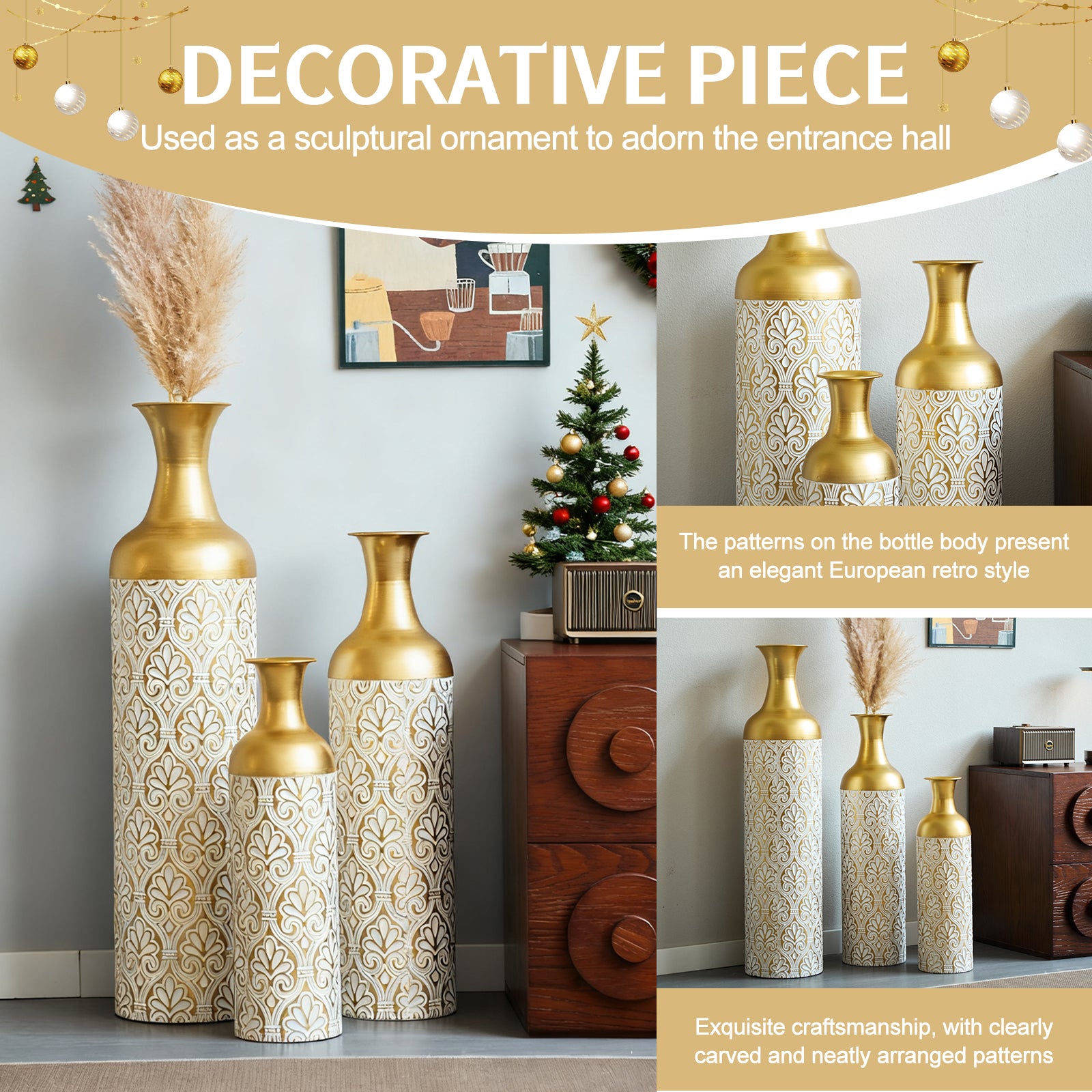 Gold White Metal Vase Set of 3, Tall Decorative Cylinder Flower Vases with Embossed Pattern, Modern Luxury Table Centerpiece for Living Room Home Decor, Shelf Mantel Fireplace Ornaments image 4