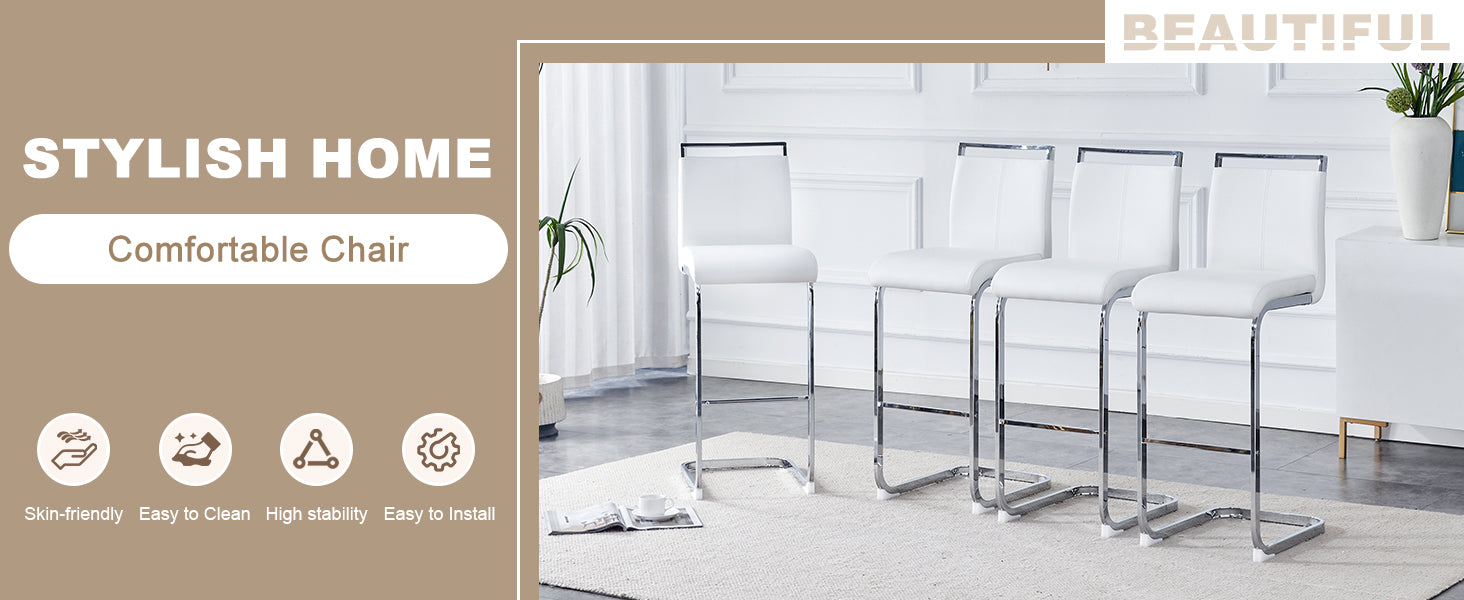 Modern and beautiful bar stool upholstered in PU leather with C-shaped silver metal legs for dining rooms, kitchens, terraces and guest office chairs.(set of 6) (white+PU) image 8