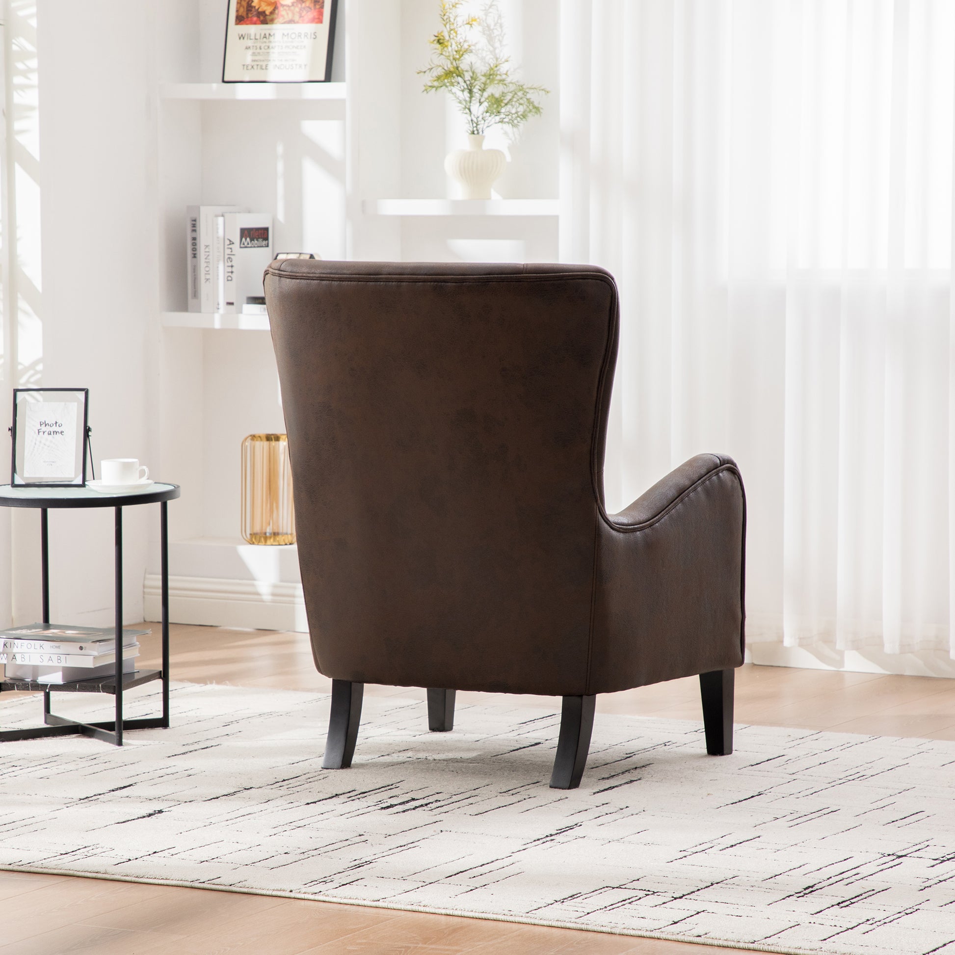 28"W PU High Back Accent Chair, Upholstered Armchair for Living Room, Retro Wingback Arm Chair,Single Sofa Bedroom Reading Seat with Solid Wood Legs, Brown image 6