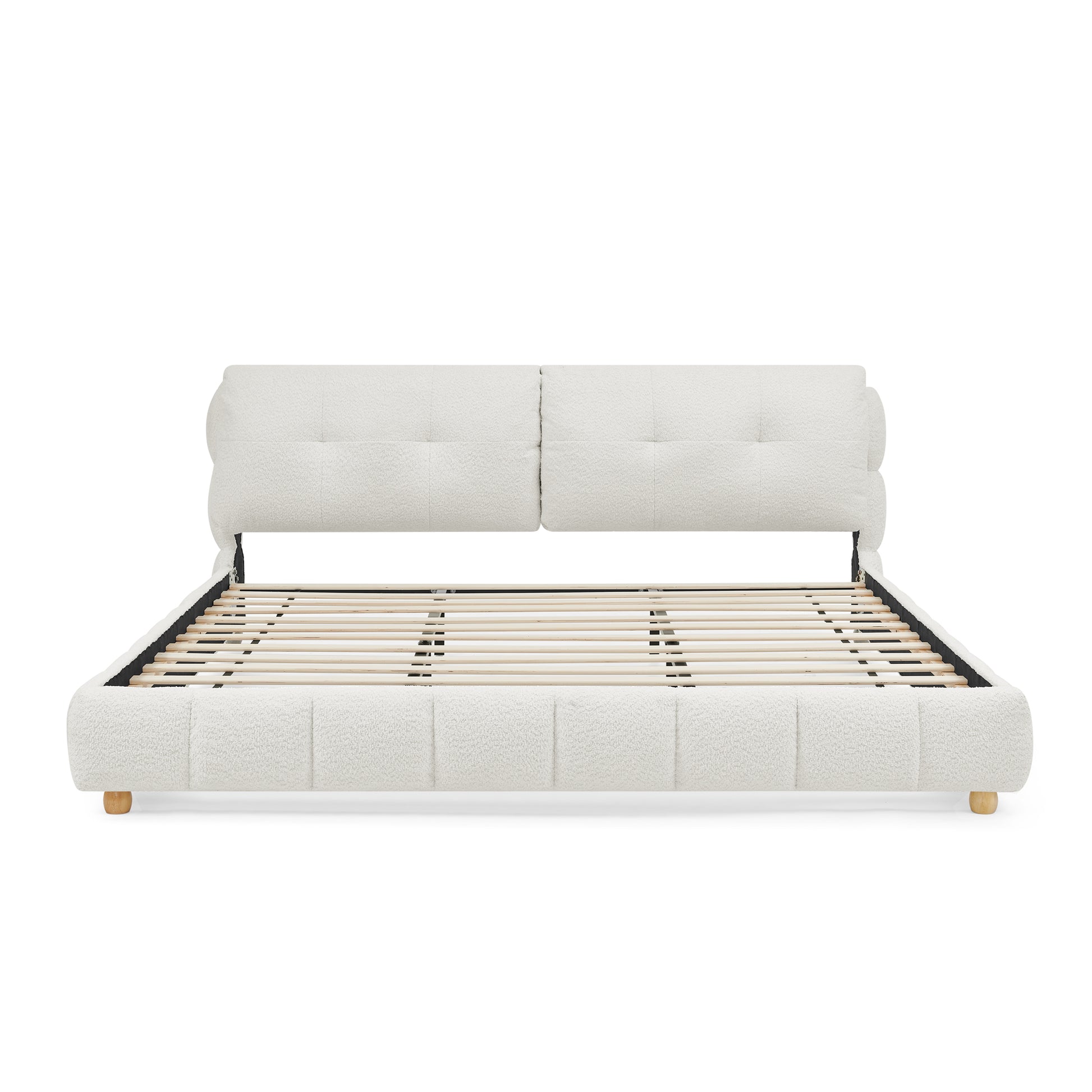 King Cream Style Bouclé Fabric Platform Bed, Soft Cloud-Like Upholstered Frame with Solid Wood Legs, No Box Spring Needed image 5
