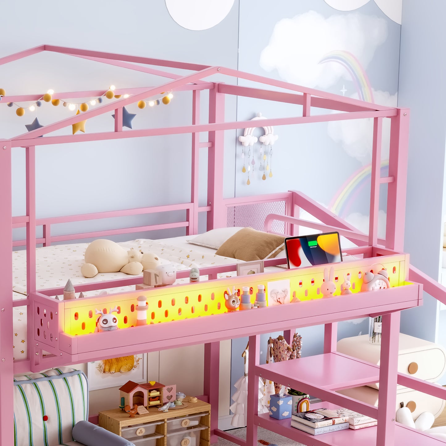 Full Size Loft Bed with Storage Stairs, Shelves and Built-in Wardrobe, Metal Loft Bed Frame with USB Ports and LED Lights, Noise-reduced Design, Pink image 9