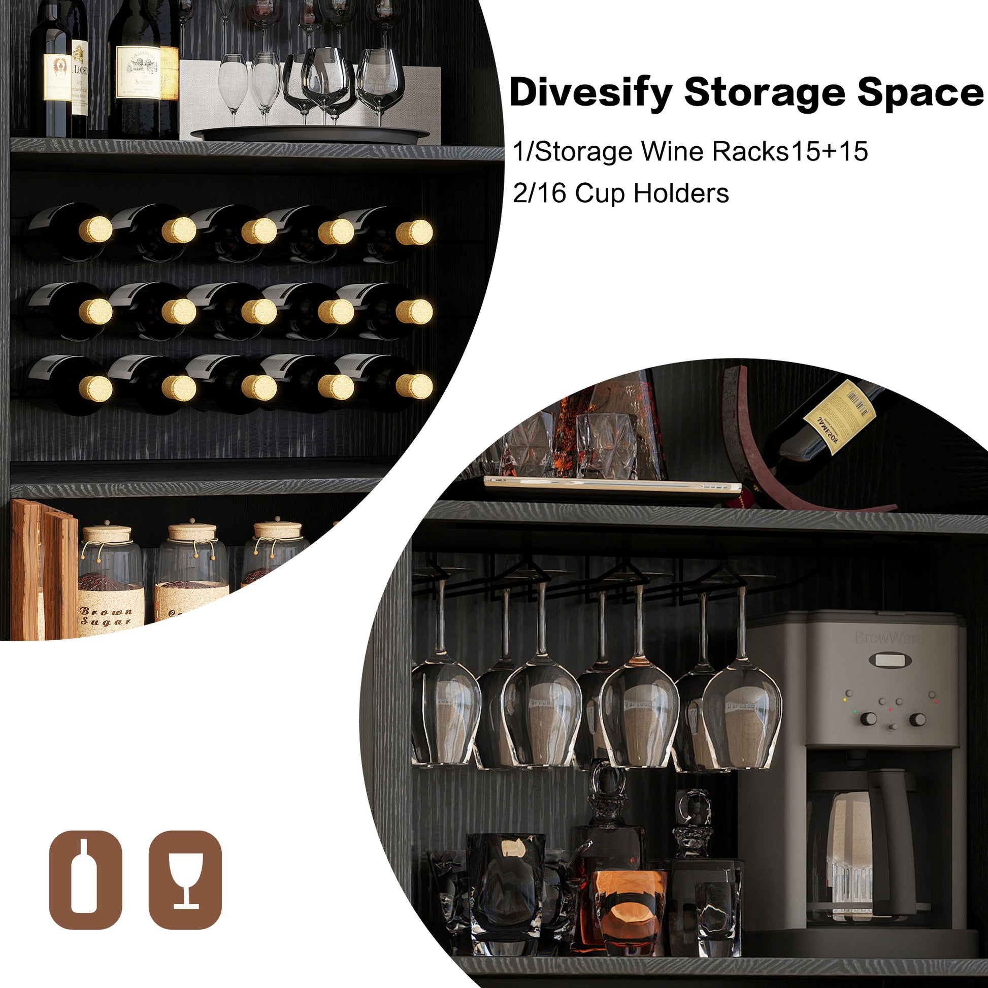 71"Farmhouse Arched Wine Bar Cabinet: tall arched display cabinet, arch black cabinets &coffee bar, whiskey station with wine rack and Wine Glass Holder - Liquor Bars Cabinet for Living Dining Room image 7