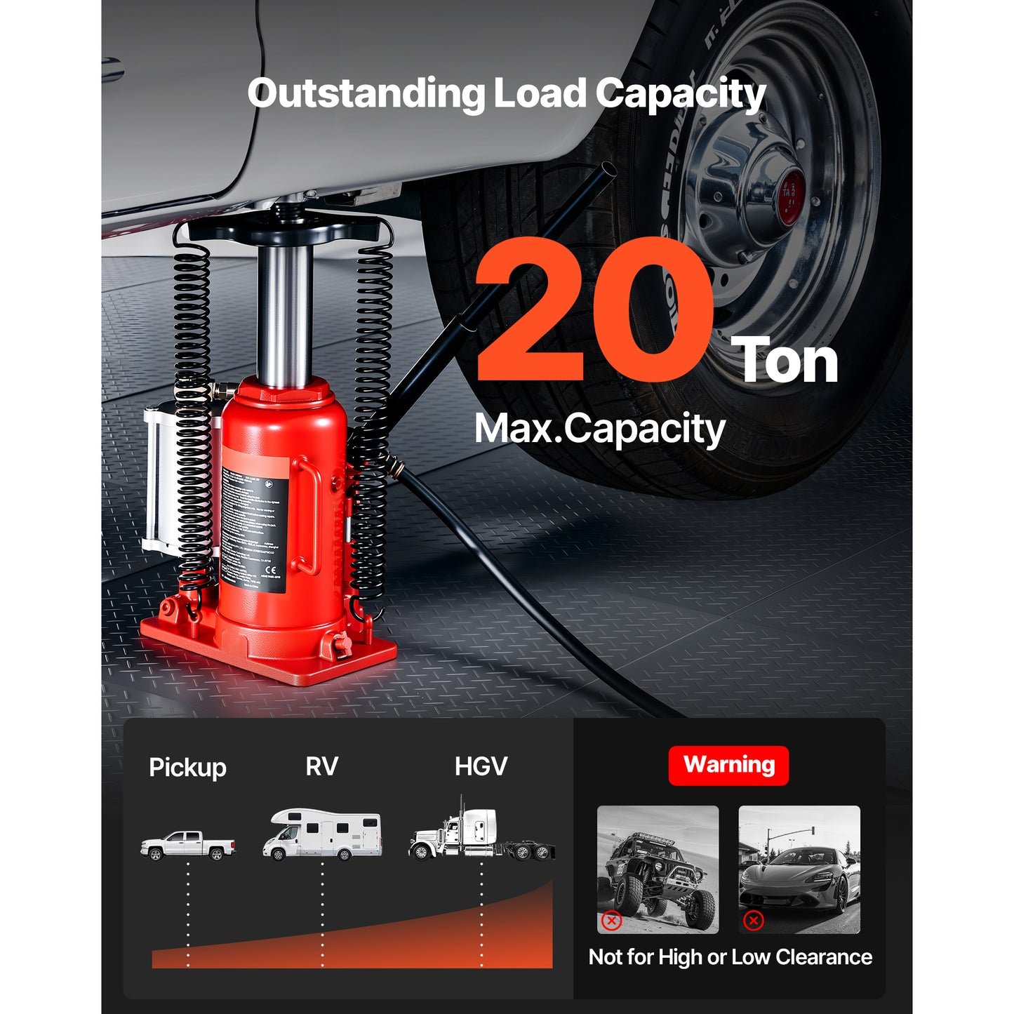 Air Hydraulic Bottle Jack, 20 Ton (44092 lbs) Capacity, 10.2-19.5 Inch Lifting Range, Pneumatic/Manual Heavy Duty Welded Bottle Jack with Pump for Car, SUV, Pickup, Truck, RV, Auto Repair, Red image 5