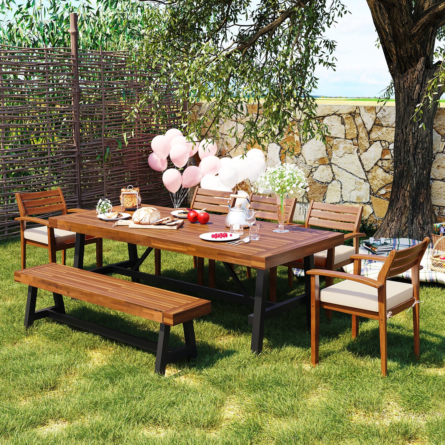 GO Outdoor Wood Dining Set For 7-8 Person, Outdoor Dining Furniture With Removable Cushions, Ergonomic Chairs And Bench, Thicker Table, Nature image 1