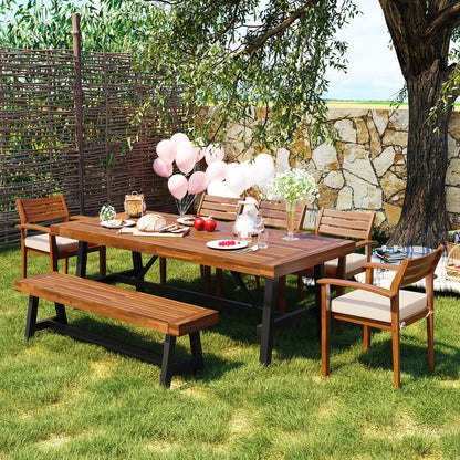 GO Outdoor Wood Dining Set For 7-8 Person, Outdoor Dining Furniture With Removable Cushions, Ergonomic Chairs And Bench, Thicker Table, Nature image 1
