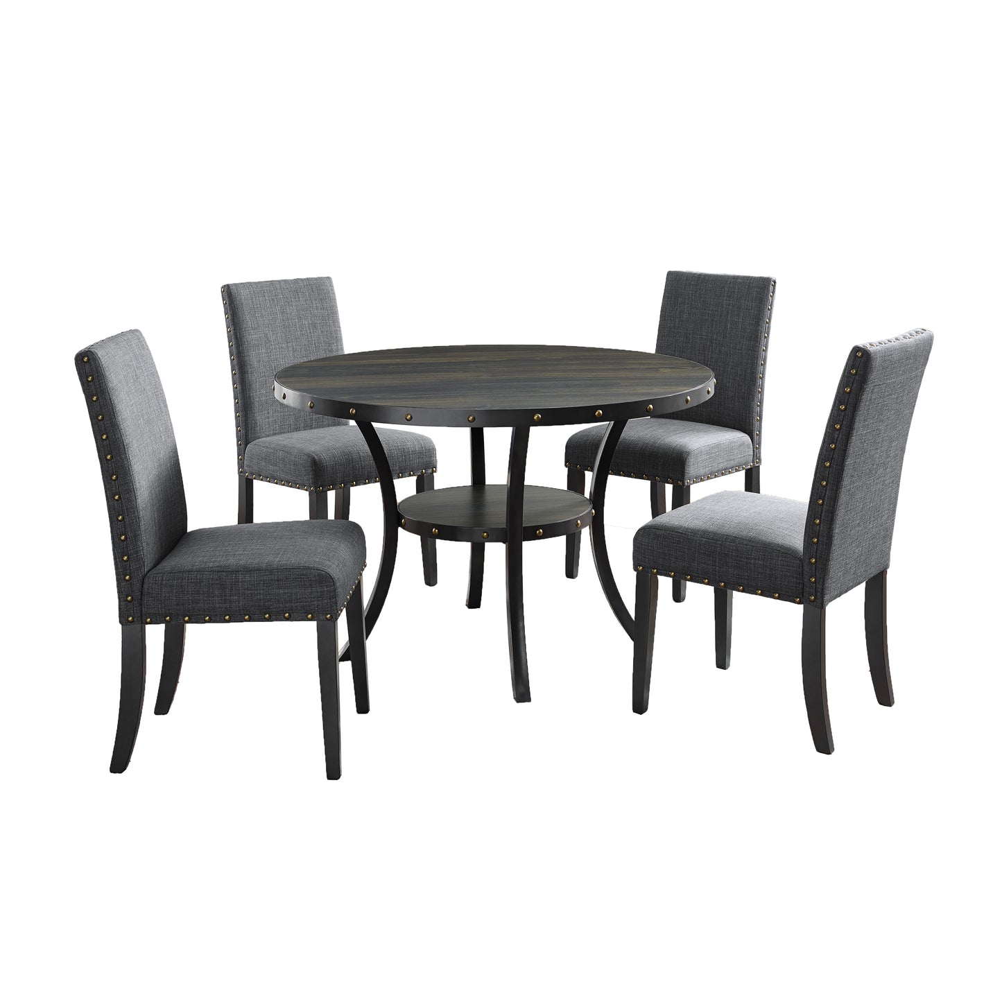 Biony Espresso Wood Dining Set with Gray Fabric Nailhead Chairs image 10