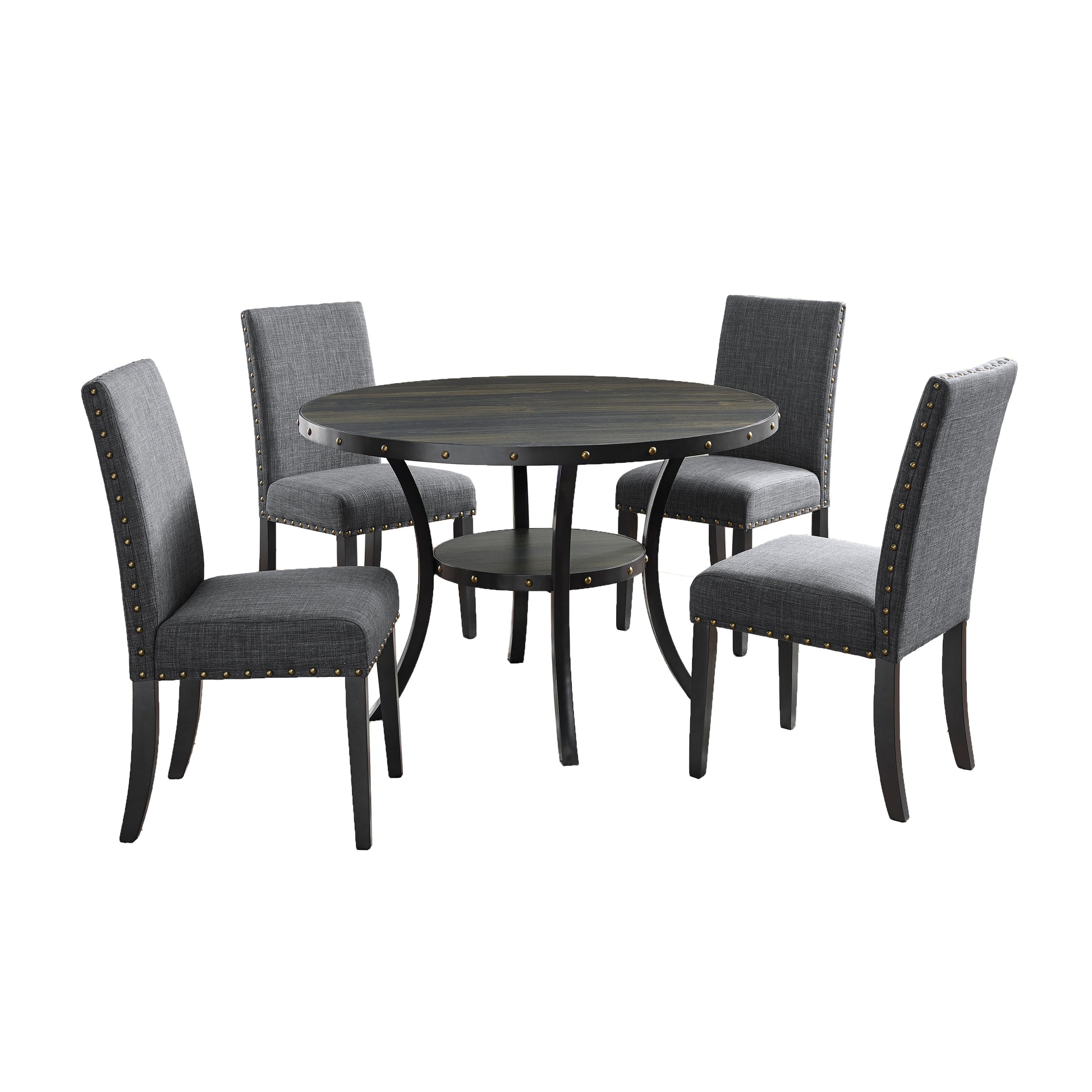 Biony Espresso Wood Dining Set with Gray Fabric Nailhead Chairs image 10