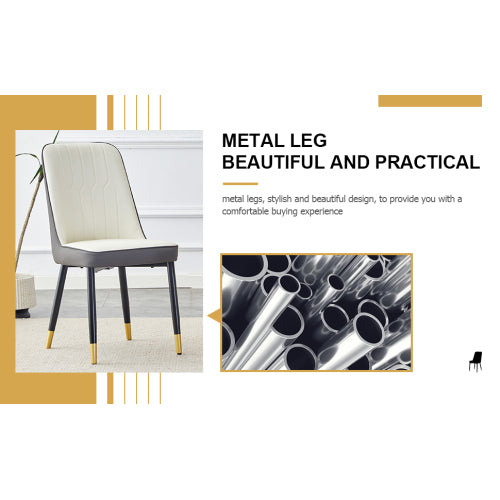 A modern dining chair with a white dark gray dual tone PU leather backrest and black metal legs, suitable for kitchens, bedrooms, and offices. A set of 2 pieces (white+dark gray+PU)C-007 image 10