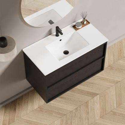 36 Inch Bathroom Vanity Cabinet With Ceramic Sink - Gray Wall Mounted Floating Fluted Vanity With Drawers, Modern image 8