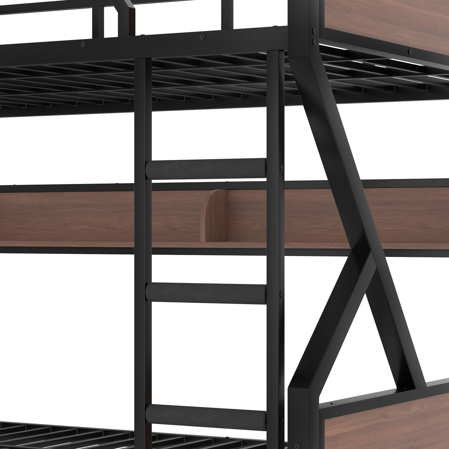 Queen over Queen Bunk Bed, Metal Bunk Bed with Storage Shelves and Lights, Space-saving & Noise-free Design, Black image 9
