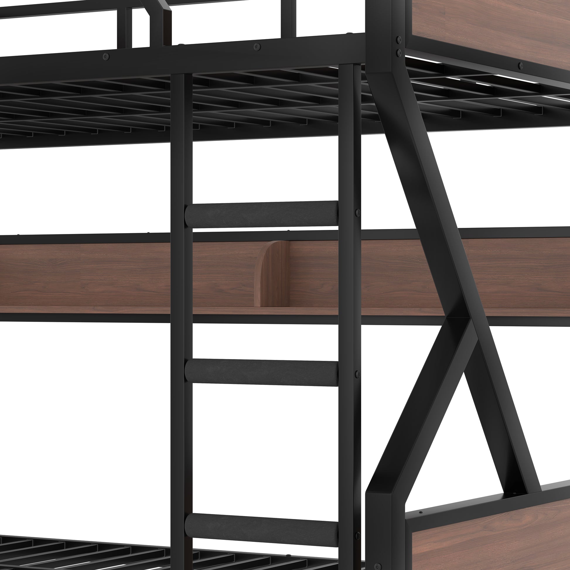 Queen over Queen Bunk Bed, Metal Bunk Bed with Storage Shelves and Lights, Space-saving & Noise-free Design, Black image 9