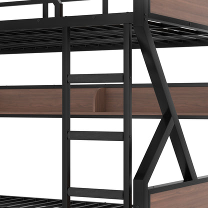 Queen over Queen Bunk Bed, Metal Bunk Bed with Storage Shelves and Lights, Space-saving & Noise-free Design, Black image 9